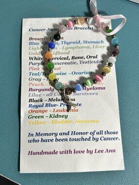 Handcrafted Multi-Color Cat's Eye Cancer Awareness Bracelet 925 Silver Charm